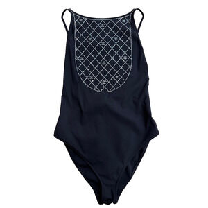 Chanel 23C Black Silver Crystal CC Logo One Piece Swimsuit Runway Bathingsuit 38